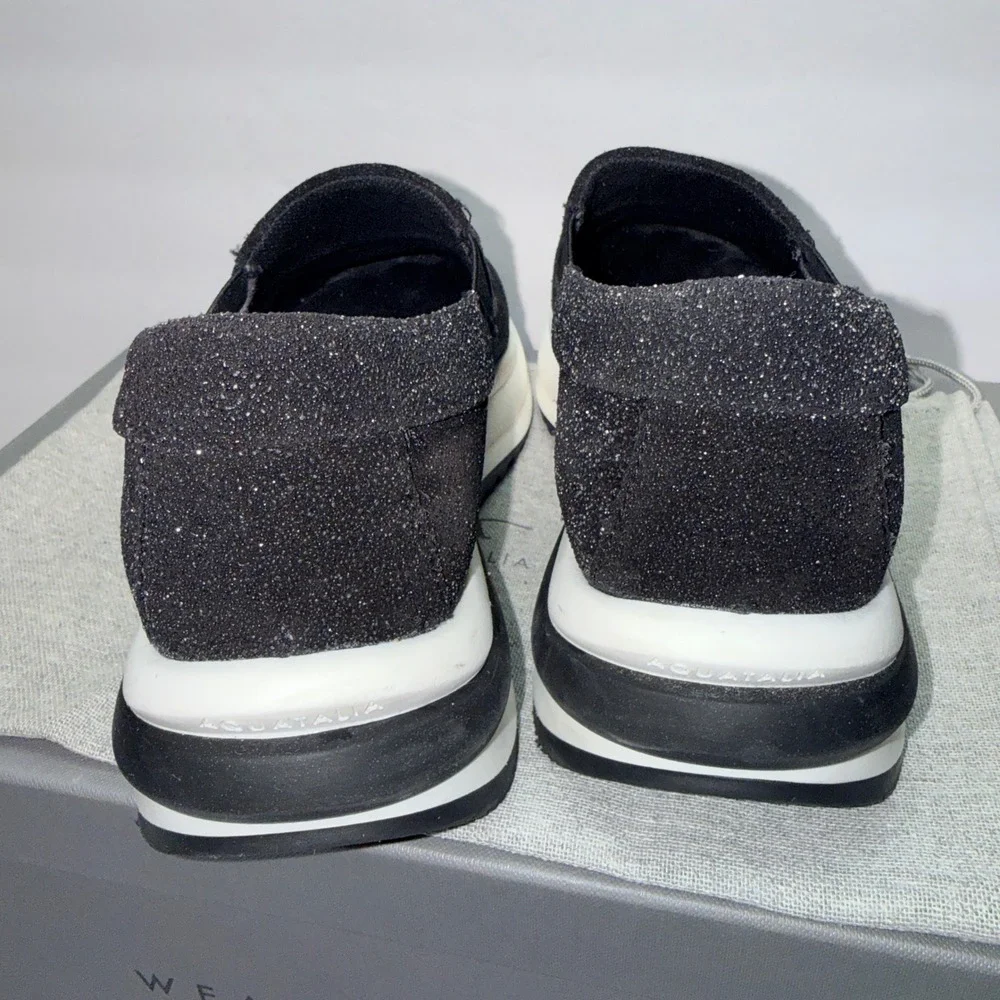 Aquatalia Leola Metallic‎ Suede Platform Slip On Sneakers Black L5019-BLK 5.5M